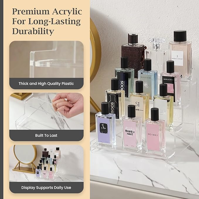 4-Tier Acrylic Display Riser Stand – 22.8x20x18.2cm Clear Perfume Stand for Display on Vanity, Countertops, & Retail Use – Tiered Acrylic Shelf for Figures, Cupcakes, Bottles, & Desserts