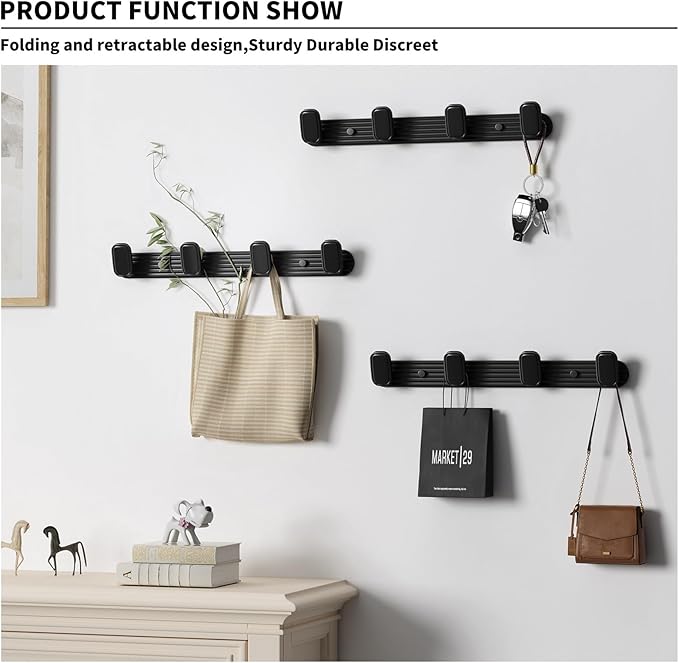 Coat Rack Wall Mount Black, 4 Hooks Rack Metal Coat Hanger Wall for Hanging Hat Purse and Robes, Towel Hook for Bathrooms and Entryway (1 Pack)