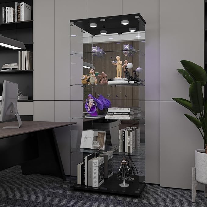 Beauty4U Glass Display Cabinet with LED Lights and Mirror, 5 Shelves with 2 Doors, Curio Cabinets for Living Room, Bedroom, Office, Black Floor Standing Glass Bookshelf, Quick Installation