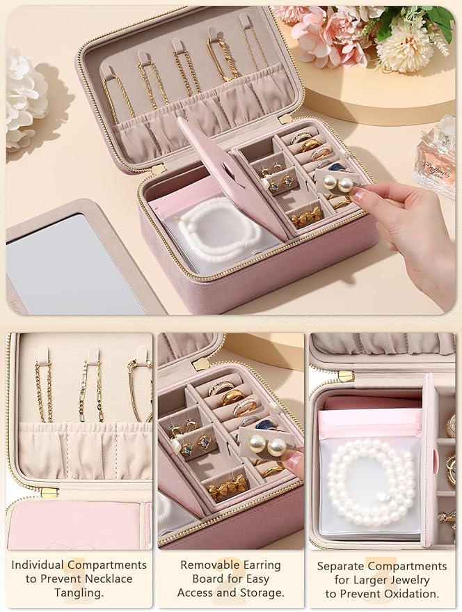 Velvet Travel Jewelry Box with Large Mirror, Double-Layer Jewelry Organizer Case for Women and Girls, Portable Storage Case with 6 Anti-Tarnish Bags Gift Ready for Her (Blush Pink)