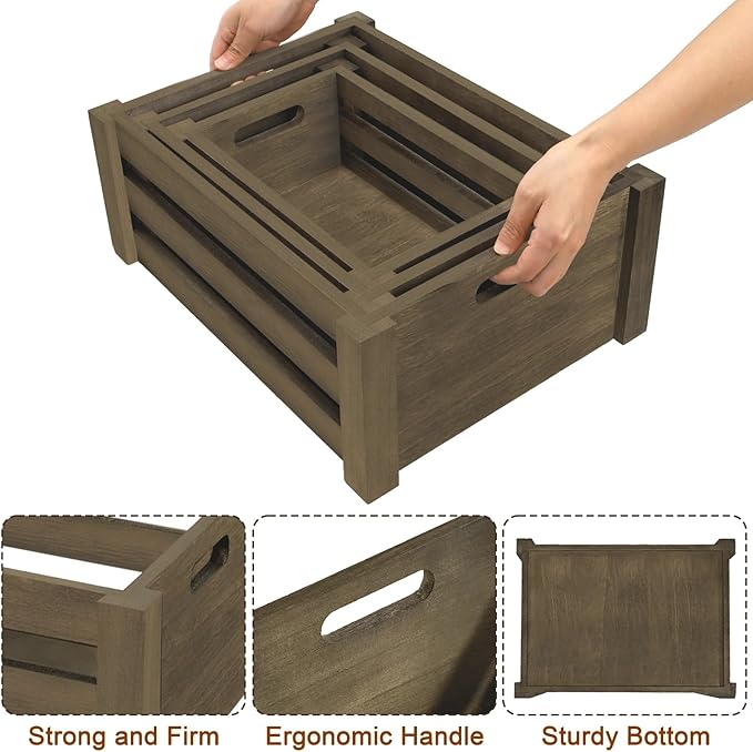 Lawei Set of 3 Wood Nesting Storage Crates with Handle, Rustic Farmhouse Decorative Wooden Crates Distressed Crates Storage Container for Display, Large Vintage Wood Decor Crates Wooden Baskets