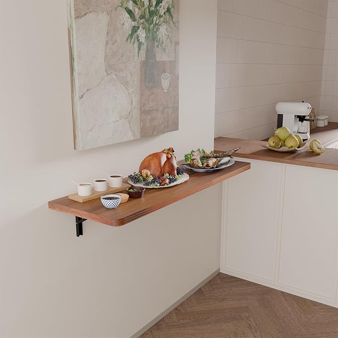 IAE Wall Mounted Folding Table with Pine Wood,48" x 16" Floating Wall Desk,Laundry Folding Table with Shelf Brackets,Fold Down Desk Shelf,Folding Workbench for Home,Dining,Laundry Room,Kitchen,Teak