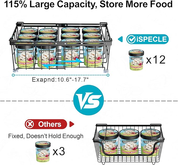 iSPECLE Chest Freezer Organizer Bins - Fit 10 to 20 Cu.FT Deep Freezer, 6 Pack Large Expandable Stackable Bins Sort Frozen Food Easy to Get Food from Bottom without Digging, Better Ventilation, Black