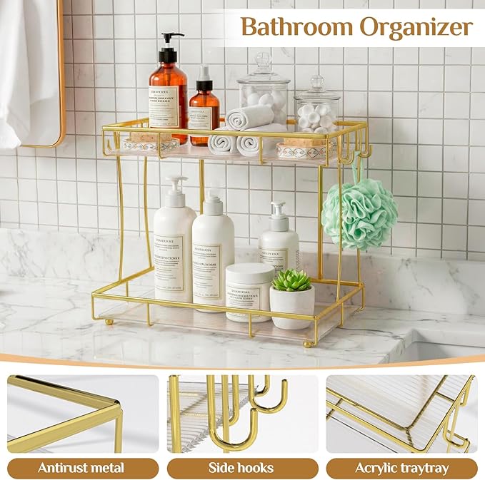Bathroom Organizer Countertop Perfume Organizer Makeup Organizer Cosmetics Storage Display Rack Vanity Tray Dresser Steel Gold Shelf Transparency Wavy Acrylic Tray (2 Tier Golden)