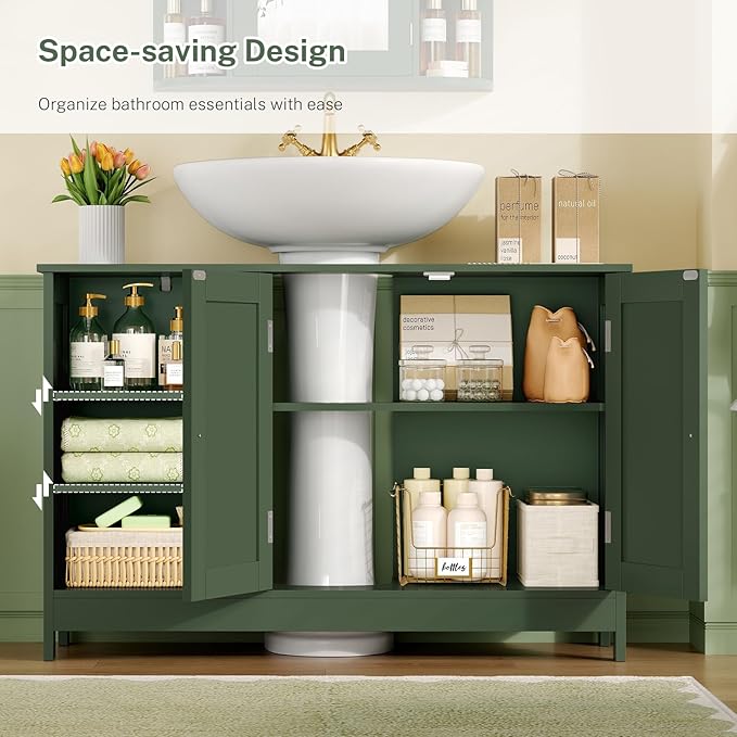 TEENFON 35.4" Pedestal Sink Storage Cabinet with 2 Doors and Adjustable Shelves, Bathroom Sink Cabinet, Under Sink Storage with U-Shape Cut-Out, Green UNYSG034V