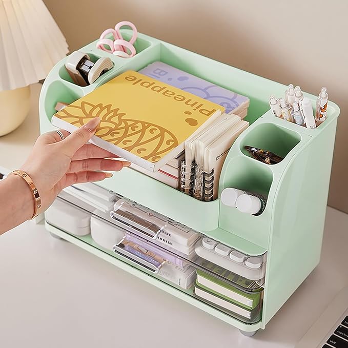Makeup Organizer with Drawers for Vanity,Bathroom Countertop Organizer with Brushes Holder,Skincare Storage Organizer,Perfect Cosmetic Display Case for Skincare,Lipstick and Beauty Essential (Green)