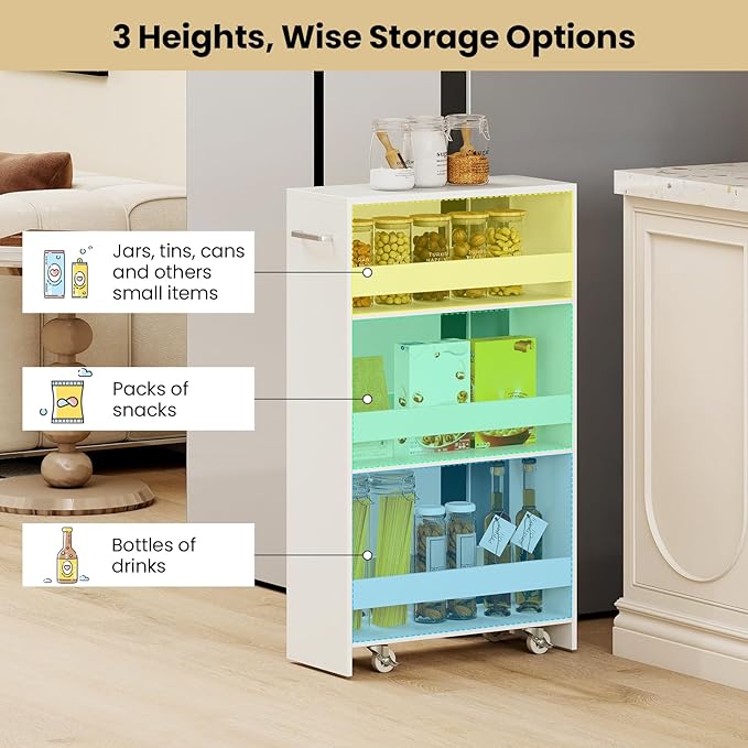 Small Kitchen Cart, 4-Tier Slim Rolling Island w/Handle, Laundry Room Storage Organizers Between Washer and Dryer, Narrow Spice Rack on Wheels Next to Fridge (White, 8'')