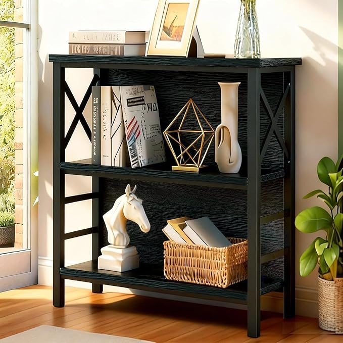 Small Bookshelf,3 Tier Industrial Bookcase with Metal Frame and Backboard,Low Black Book Shelf,Book case for Small Spaces,Living Room,Bedroom and Home Office