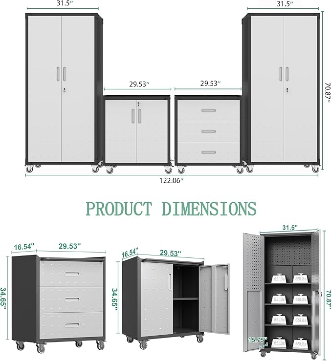 Metal Tool Cabinet,Garage Storage Cabinet System,Wall Cabinet & Locking Rolling Tool Cabinet with Doors and Adjustable Shelves,Steel Tool Cabinets for Home (4 Pcs-StyleA, Black & Grey)