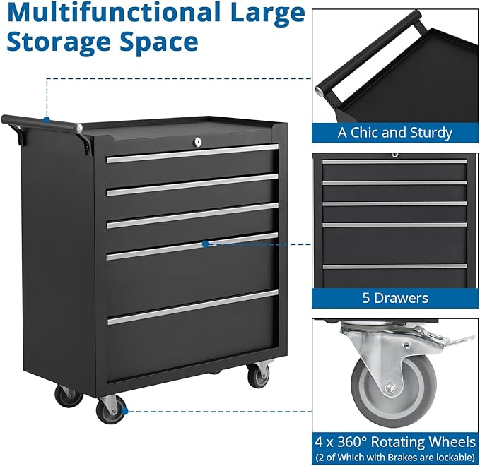 IDEALHOUSE Rolling Tool Chest, 5 Drawers Tool Storage Cabinet, Toolbox with Wheels, Portable Tool Cabinet Organizer with Locking System & Drawer Liners, Tool Storage Cart for Garage, Workshop, Black