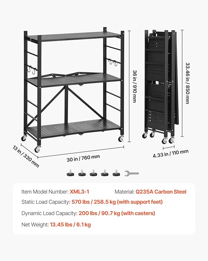 VEVOR 3-Tier Foldable Storage Shelf, 30W x 13D x 36H Inch Folding Metal Rack Shelving Unit, No Assembly Organizer Shelf with 5 Wheels & 4 Hooks for Pantry, Kitchen, Garage, Basement, Black