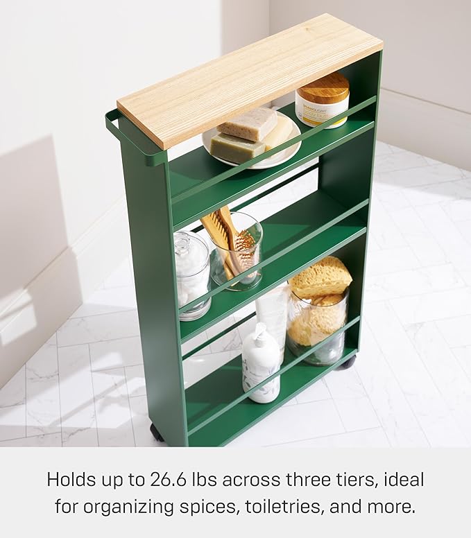 YAMAZAKI Home Slim Rolling Storage Cart – Narrow Kitchen Storage Cabinet with Handle, Slim Storage Cart with Wheels, Easy Assembly, Steel + Wood, Green