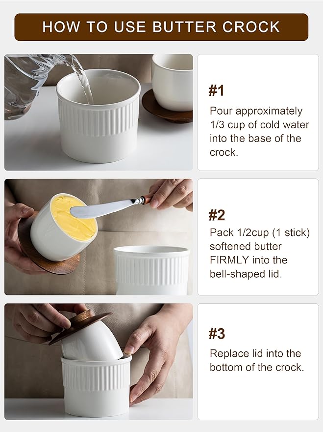 Butter Crock, Ceramic Butter Dish with Lid for Countertop, French Butter Keeper, Elegant Embossed Pattern, White