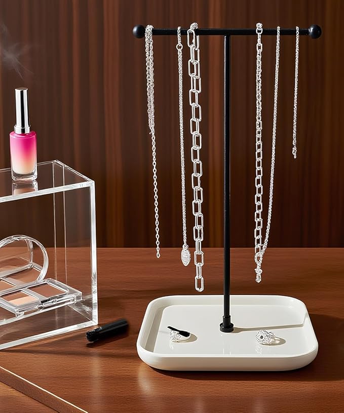 VROOMIUM Necklace Holder- Ceramic Base 1ft Height Jewelry Organizer Stand, Aesthetic Jewelry Hanger Display for Necklaces, Bracelets, Rings, Exhibidor de Collares-Minimalist White