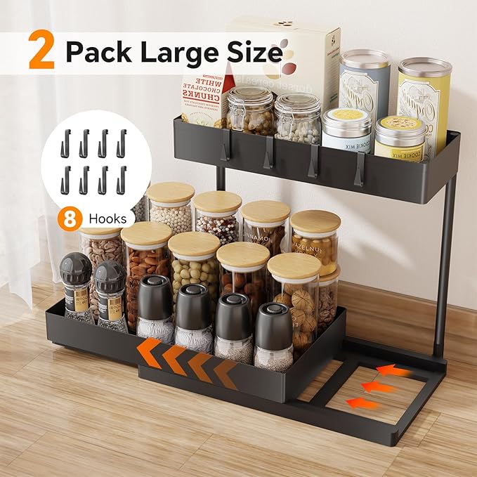 Simple Trending Under Sink Organizer 2 Pack, L-Shaped Sink Pull-Out Sliding Storage Cabinet, 2-Tier Under Shelf Organizer for Kitchen Bathroom with Hooks, Black