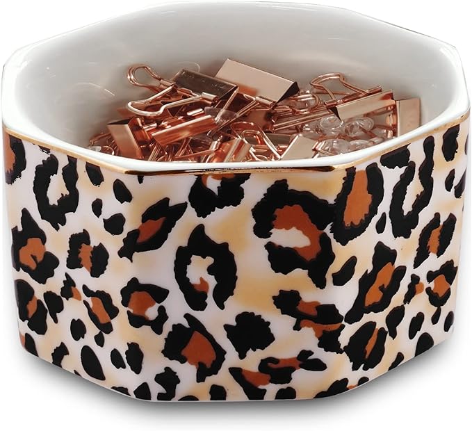 Ceramic Paper Clip Holder Gold Line Paper Clip Dispenser Organizer for Desk Cute Leopard Office Binder Clip Holder Bobby Pin and Hair Clip Holder Gift for Office Brown