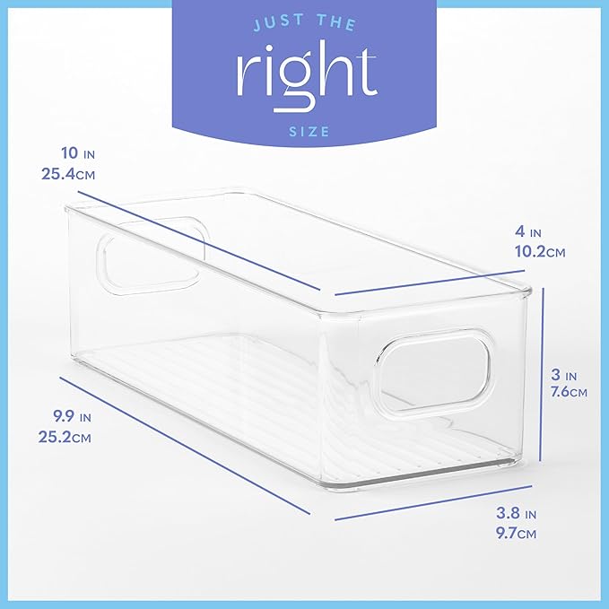 primebox Plastic Food Storage 8 Pack Clear Container Bin with Handles for Organizing Kitchen, Pantry, Fridge, Freezer, Pantry,Bathroom. Stackable 10"x4"3"