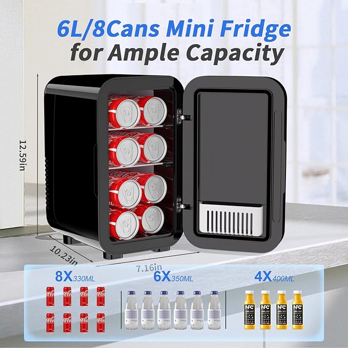Mini Fridge, 6 Liter/8 Can 110V AC/DC Portable Thermoelectric Cooler Refrigerators for Bedroom, Skincare, Beverage, Office, Dorm Room and Car, Black