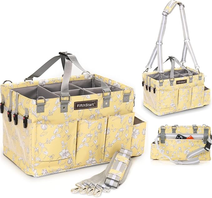 FifthStart Multi-Purpose Cleaning Caddy with Waist, Shoulder Strap, Mesh Base & 9 Pockets – Easy to Clean Diaper Caddy with Adjustable Compartments (Yellow Floral, X-Large)