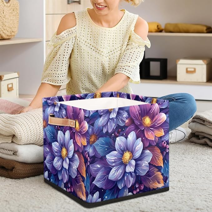TropicalLife 13x13x13 Inch Large Fabric Storage Cube Vintage Floral Foldable Storage Bin with Handles Organizer Boxes Cube Basket for Shelves Organizing Closet