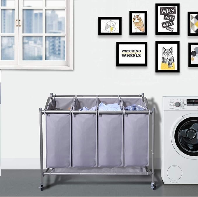 Laundry Sorter Cart 4-Bag Classics Rolling Laundry Hamper, Sturdy Frame with 60KG Weight Capacity, Gray