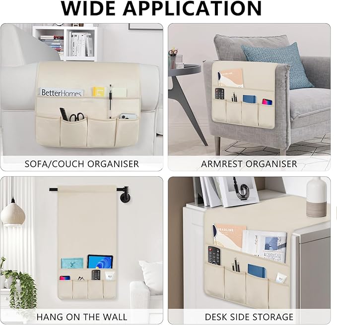 Remote Control Holder for Armchair，Couch Caddy Organizer TV Remote Holder for Bed Storage 5 Pockets，Remote Caddy Bedside Organizer Bedside Table Organizer (Beige, 35''x18'')