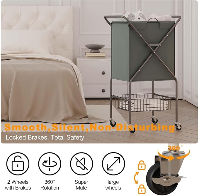Laundry Basket with Wheels:88L Rolling Laundry Cart Foldable Metal Frame Dirty Clothes Laundry Hamper 36"H 4 Caster 2 Brake Waterproof Removable Liner Carry Handle for Dorm Laundry Room,Gray