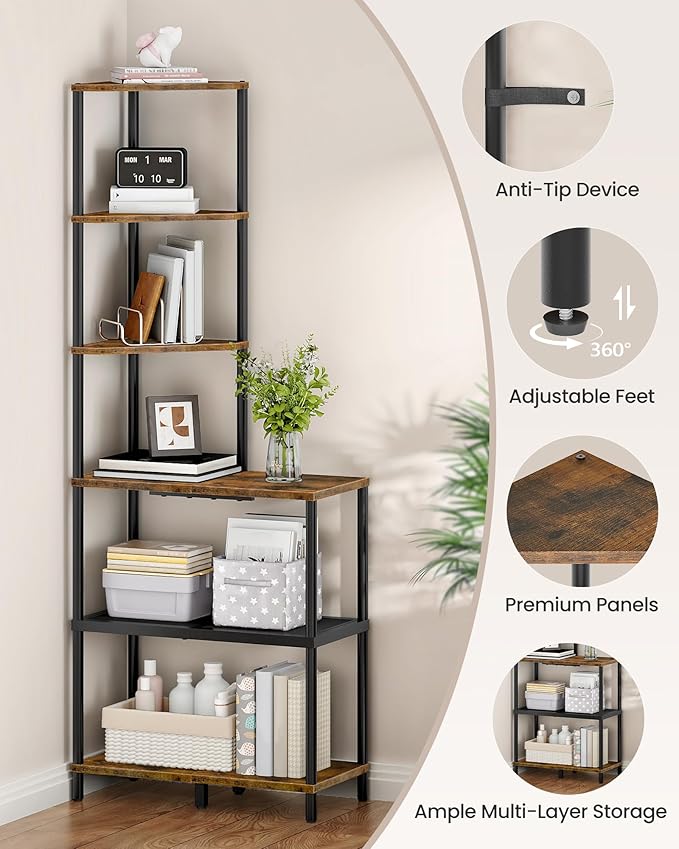 6-Tier Corner Shelf, Industrial Corner Bookshelf with Desk Top, Diamond-Shaped Storage Shelves, Display Stand for Small Spaces, Living Room, Home Office, Foyer, Rustic Brown and Black TCJ70BF