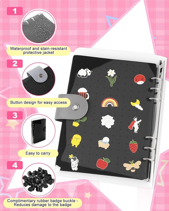 UCEC 8-Page Enamel Pin Display Book & 50 PCS Pin Backs, A5 Binder for Pins Brooches and Badges, Black Button Pinfolio Trading Organizer with Clear PVC Cover, Portable Enamel Pin Collection Storage