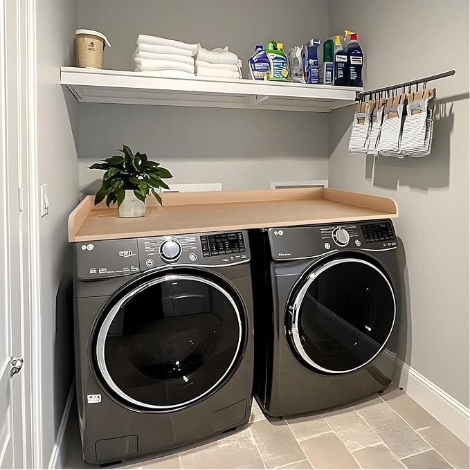 Kaboon Washer Dryer Countertop 58" x 28" Extra Large Version, Melamine Countertop with 3.5" Edge Rails, Laundry Room Organization, Light Walnut