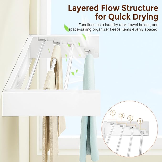 32” Foldable Clothes Drying Rack Wall Mounted - Laundry Drying Rack Collapsible with 4 Steel Poles - Wall Mounted Laundry Room Organization and Storage for Kitchen, Bathroom, Indoor-Outdoor Use