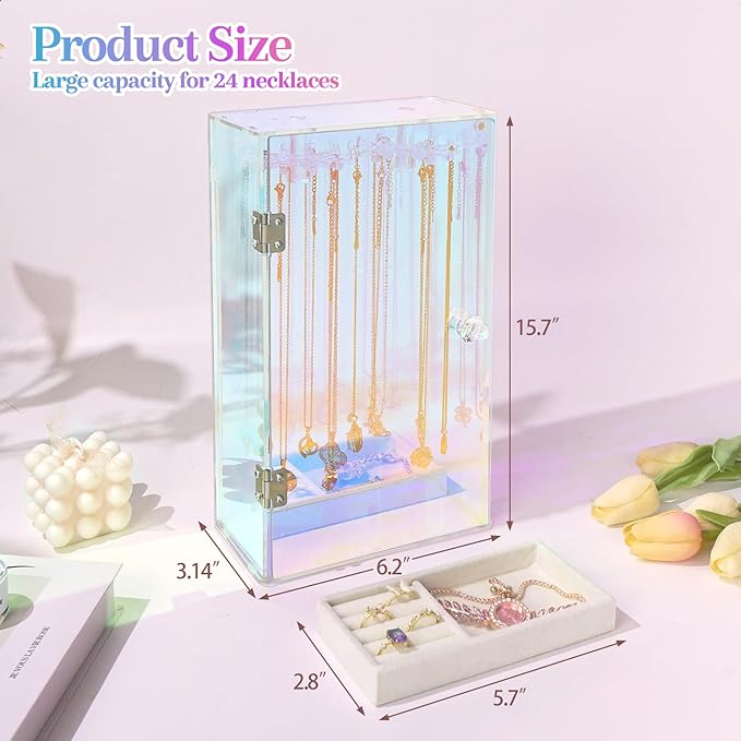 Cirhy Iridescent Necklace Holder Organizer for Women & Girls, Rotating Acrylic Jewelry Display Stand with Velvet Tray, Dustproof Necklace Organizer Box, Great Gift for Her