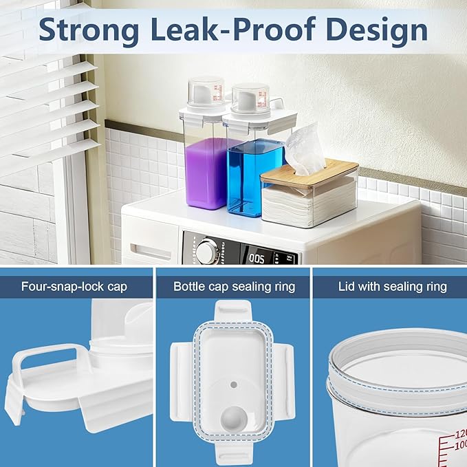 2+1 Pack Laundry Detergent Dispenser and Dryer Sheet Holder Set, 61 oz Laundry Soap Dispenser, Plastic Liquid Fabric Softener Dispensers for Laundry Room Organization with 12 Labels