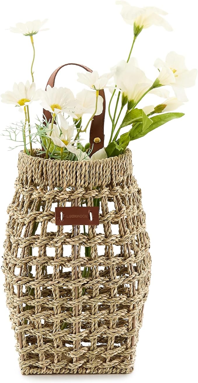 Woven Front Door Basket Water Hyacinth Wall Hanging Basket Decorative Boho Mounted Organizer for Dried Flower Plants Storage Basket for Garden, Home, and Farmhouse Décor (C_Seagrass)
