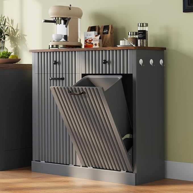 Double Tilt Out Trash Can Cabinet, 20 Gallon Fluted Laundry Hamper Cabinet with 2 Drawers, Wooden Hidden Garbage Can Cabinets for Kitchen, Living Room, Without Trash Bin or Laundry Hamper,Grey