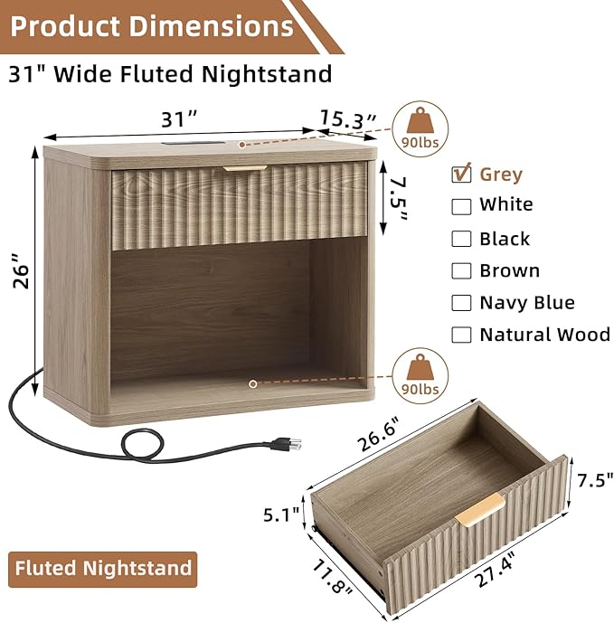 LEYAOYAO 31" Wide Fluted Nightstand Set of 2 with Charging Station, Oversized Extra Large 1 Drawer Night Stand with Golden Handle, Grey Wood Bedside Table Tall End Tables,for Bedroom, Living Room
