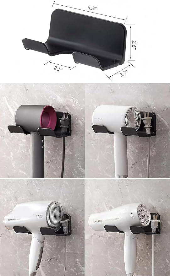 Universal Hair Dryer Holder, Blow Dryer Hanger Wall Mount for Hair Dryer Hook with Plug&Cord Organizer Self Adhesive for Cabinet Bathroom(1 Pack Black)