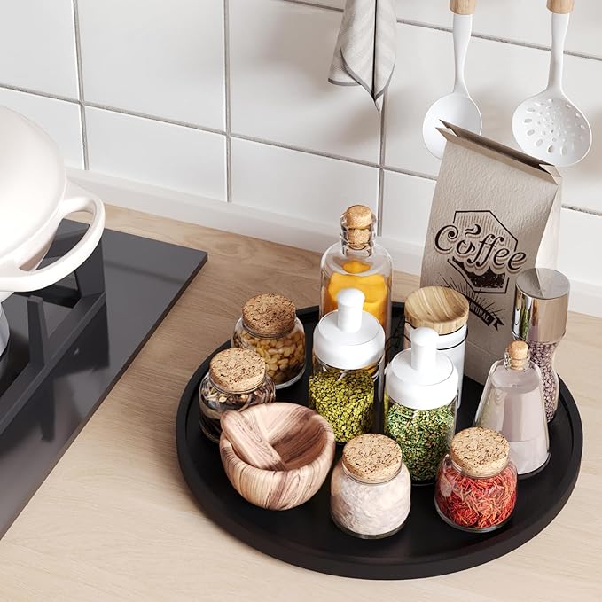 Lazy Susan Organizer for Kitchen,Bamboo Turntable for Cabinet,Pantry,Vanity,Large（Black）