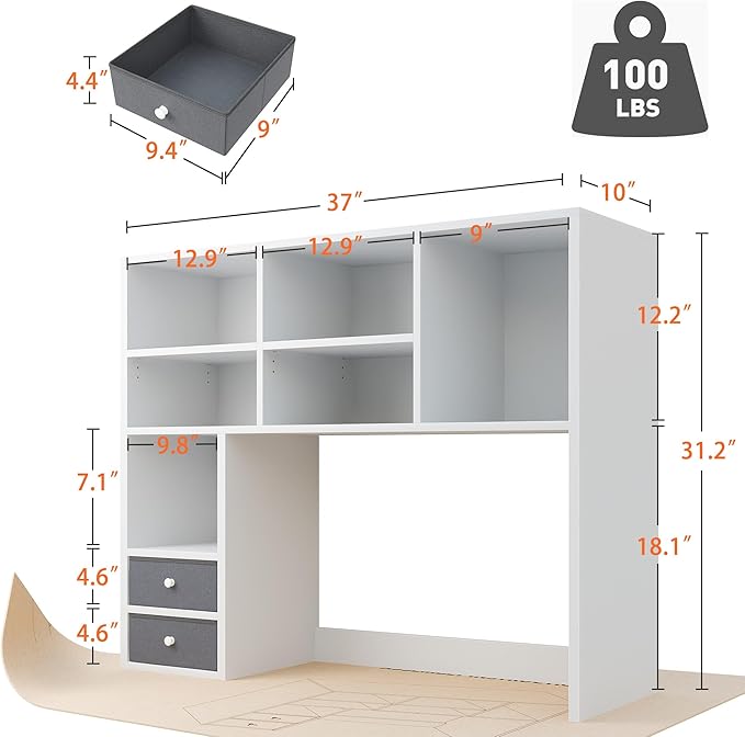 REIBII Desktop Bookshelf,Adjustable Desktop Organizer,High-Capacity Desk Hutch Organizer with 7 Shelves and 2 Drawers for Computer Desk,Desk Shelf for Top of Desk, Desk Hutch Dorm, White