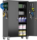 2025 Upgraded Wide & Deep Garage Storage Cabinet with Wheels, Lockable Metal Storage Cabinet with Pegboards and 9 Hooks, 2 Tool Pouches for Garage,4 Adjustable Shelves (Black,43''W x 22''D x 72''H)