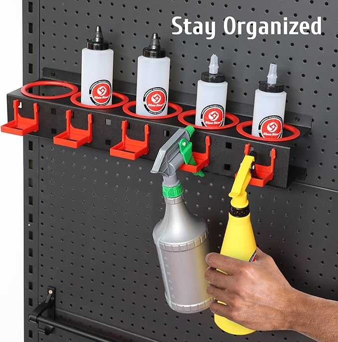 Spray Bottle Storage Rack,Wall-mounted Garage Bottle Organizer with 5 Plastic Hanging Hooks Cleaning Detailing Tools Hanger,Abrasive Material Hanging Rail Car Beauty Shop Accessory