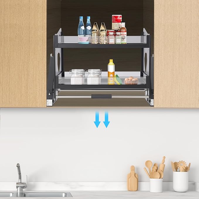 DNYSYSJ Pull down Shelf for Upper Cabinets, 2-Tier Pull down Cabinet Organizer with Tempered Glass, 29"*10.6"*20.5" Wall Mounted Spice Rack Ideal Spice Rack Organizer for Kitchen Cabinets