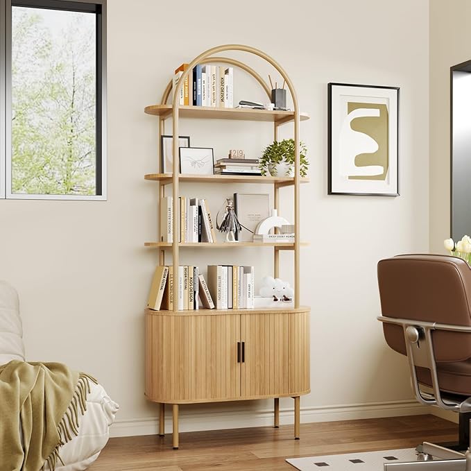 BREEZEHEAT Fluted Arched Bookshelf, 71" Tall Bookshelf with Sliding Tambour Doors, 4-Tier Open Display Storage Shelf, and Metal Frame, Curved Cabinet for Living Room, Home Office, Bedroom, Natural