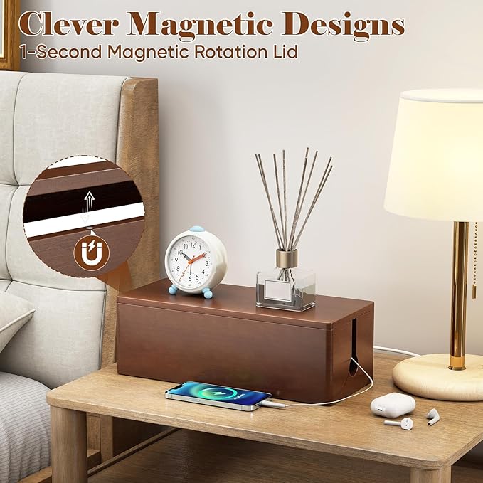 Delamu Cable Management Box Wooden with Magnetic Lid, Duty Desk Cord Organizer Power Strip Cover Box with Ventilation for Desk, Floor, Home Office, Baby Pets Safe Storage Solution