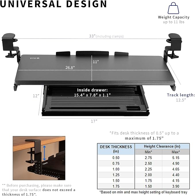 VIVO Large Clamp-on Height Adjustable Keyboard Tray, Pull Out Platform, Pencil Drawer, 27 (33 Including Clamps) x 11 inch Slide-Out Tray Storage Drawer, Black, MOUNT-KB05-4DH