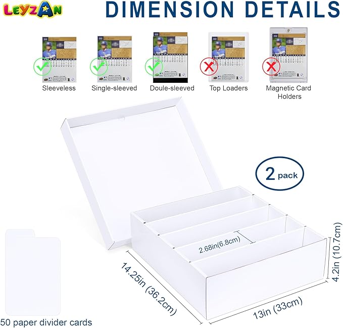 5 Row Trading Card Storage Box, 2 Pack Cardboard Storage Box with Divider for Mtg, Tcg, Sports Cards