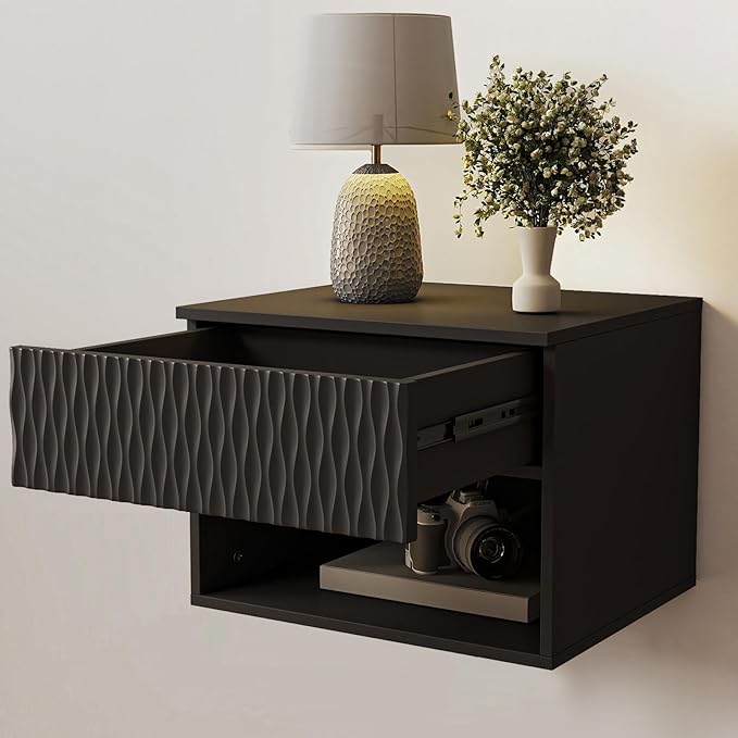 Vibe & Dine Floating Nightstand Set of 2, Wall Mounted Night Stand with Wavy Pattern Design, Modern Bedside Tables with Drawers for Bedroom, Easy Assembly, Black