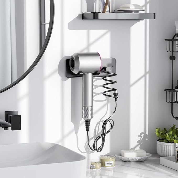 Tindbea Hair Dryer Holder + Curling Iron Holder,Blow Dryer Holder Wall Mount, Bathroom Hair Tool Organizer Rack for Universal Dryer Matte Black