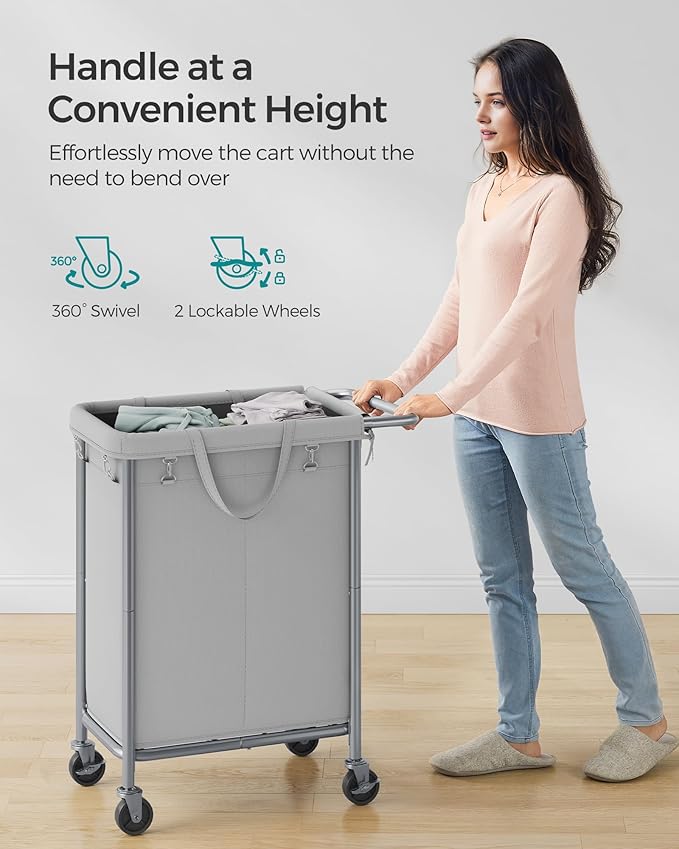 SONGMICS Laundry Basket with Wheels, Rolling Laundry Hamper, 23.8 Gallons (90 L), Removable Liner, Steel Frame with Handle, 24 x 11.4 x 31.9 Inches, Dove Gray URLS003G01