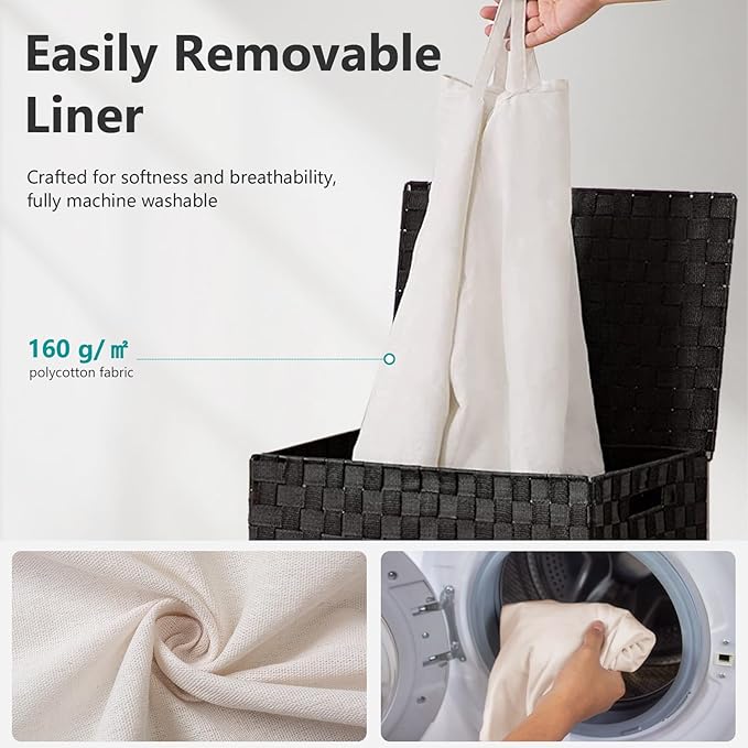 Foldable Laundry Hamper Basket with Lid by Fiona's magic, Handwoven 96L Large Clothes Hamper with Removable Liner Bags, Collapsible Tall Hamper for Bedroom, Bathroom and Dorm Organizer, 2Pack, Black